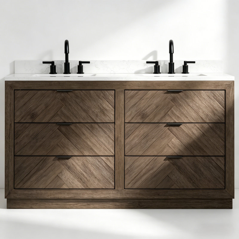 Meuble-lavabo double 60 po avec plateau en marbre d'ingénierie
