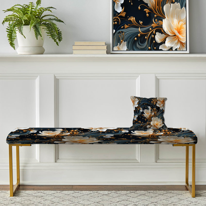 Upholstered Gold Bench, White And Gold Astral Marble Radiance