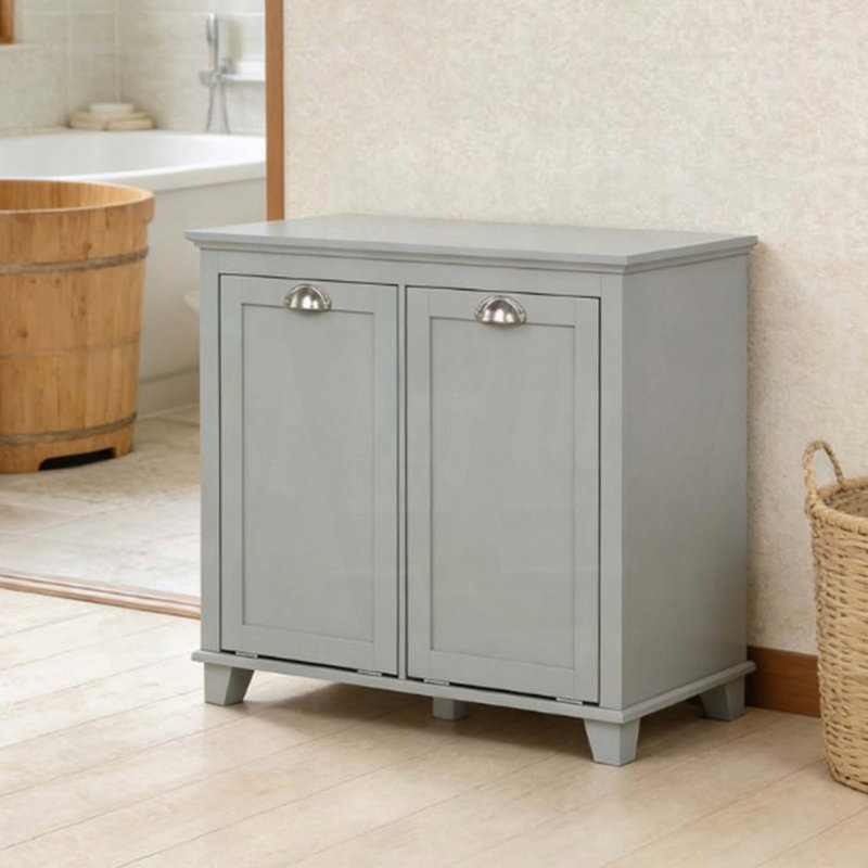 White Tilt‑Out Laundry Hamper Cabinet with 2 Compartments, Gray