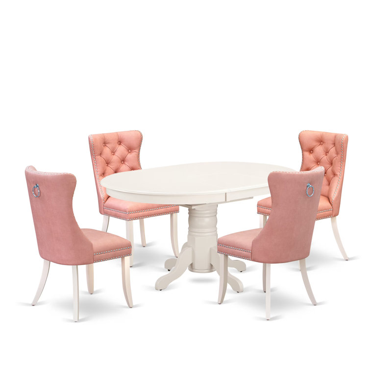 Ensemble de table de salle à manger 5 pièces comprenant une table de cuisine ovale avec rallonge amovible et 4 chaises, lin blanc