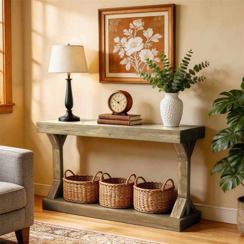 47.24” Console Table Long Farmhouse Solid Fur Wood Console Entryway Table For Hallway With Shelf, Gray Wood