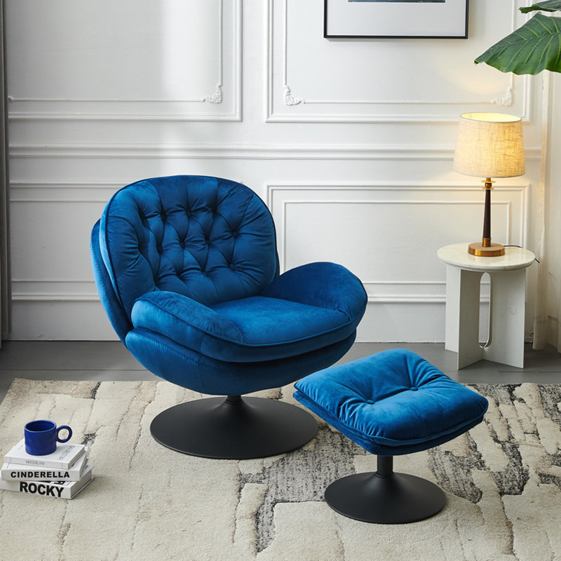 Zenon Velvet Swivel Accent Chair with Ottoman, Navy Velvet
