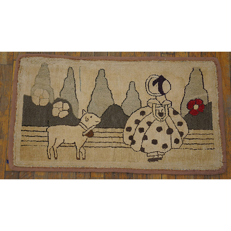 Antique American Hooked Ivory Wool 1920s Small Scatter Size Rug