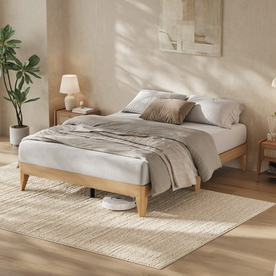 Base de lit plateforme en bois, pieds en bois et support central en métal robuste, lattes en bois, aucun sommier requis