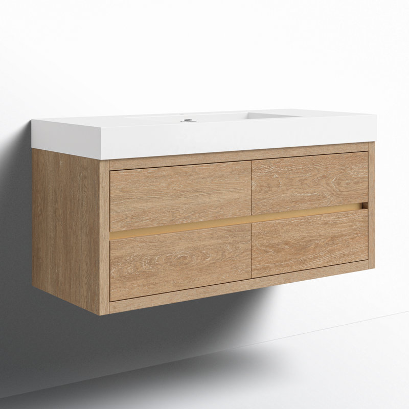 Kaushal 48'' Single Bathroom Vanity with Composite Top, North American Oak Finish, White