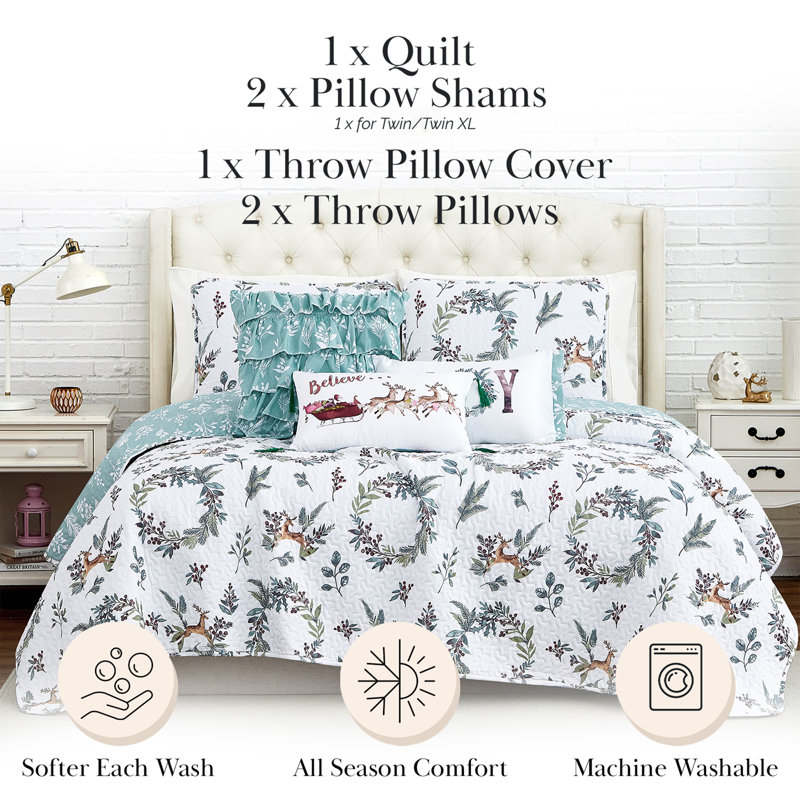 Happy Holidays White/Green Microfiber Reversible Quilt Set, Queen Quilt + 5 Additional Pieces