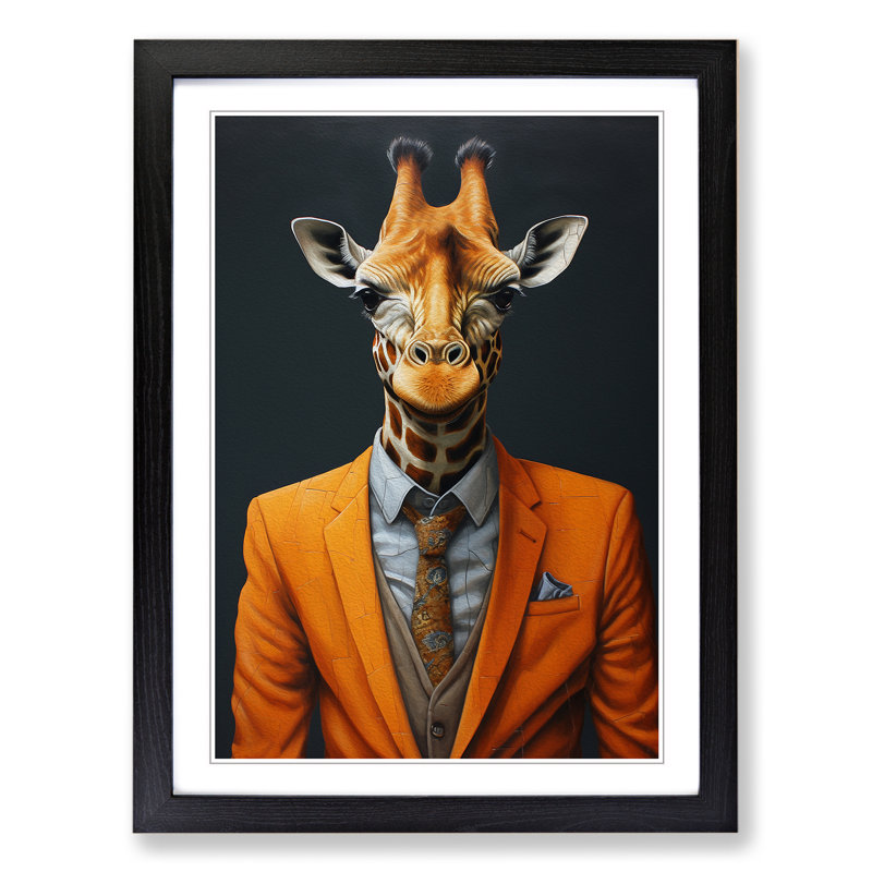 Giraffe In A Suit Painting - Single Picture Frame Print on Wood, Black, 46cm H x 34cm W x 2cm D