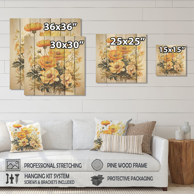 Marigold Majesty Bouquet II - Marigold On Wood Print, 15" H x 15" W