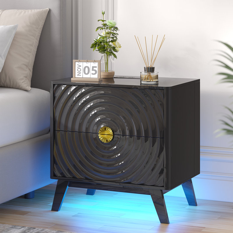 Table de chevet 2 tiroirs 23,6 po avec prises intégrées et lumière à capteur humain, Noir