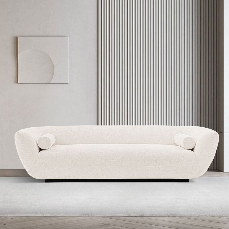 Ulka 96'' Modern Chenille Upholstered Round Arm Pine Wood Sofa in Cream, Cream Boucle