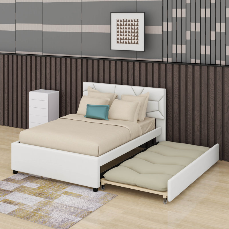 Lit plateforme tapissier avec tête de lit et lit gigogne à motif brique, Beige