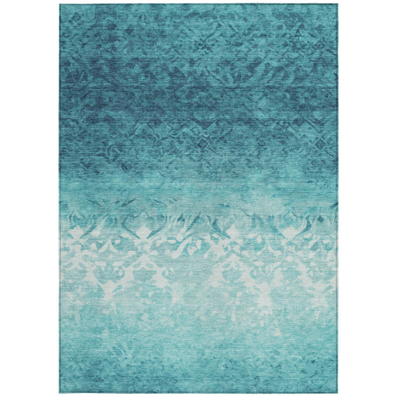 3' X 5' Teal Blue And Ivory Damask Washable Indoor Outdoor Area Rug