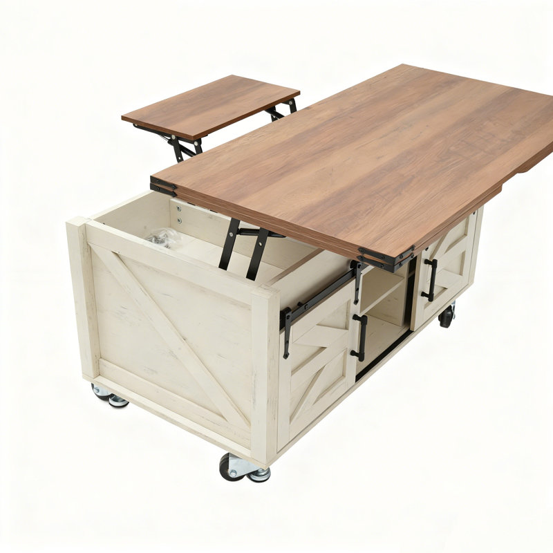 Table basse à plateau relevable avec roues verrouillables, tables basses de ferme avec grand rangement caché, Brun, Blanc