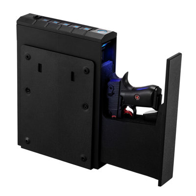 Coffre-fort pour armes de poing avec accès rapide à 3 voies avec clé d'empreinte digitale, éclairage pour 1 et magazine, table de chevet pour voiture de chevet, métal noir Q235, profondeur de 16,46 po, largeur de 11,68 po, hauteur de 5,52 po,