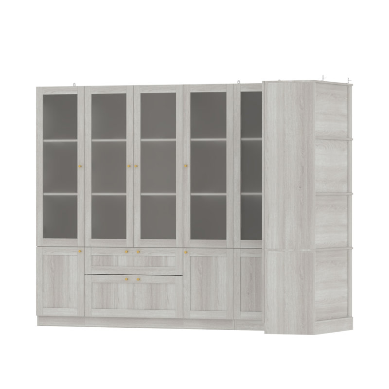 Bibliothèque modulaire H 71 po x l 94,4 po à 4 tiroirs avec portes en verre givré