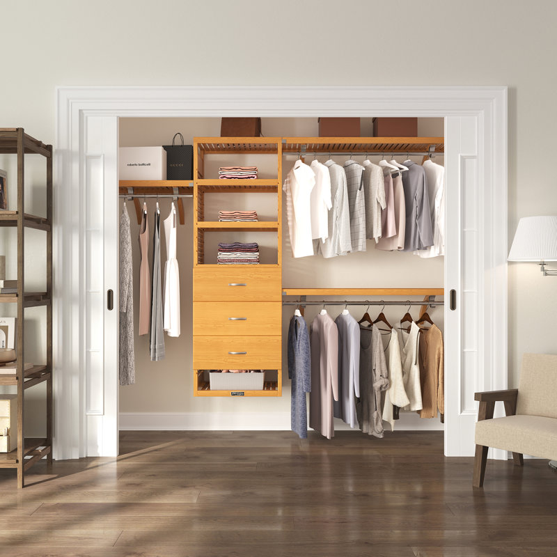 John Louis Home Solid Wood Walk-In Closet System with 3-Drawers, Honey Maple