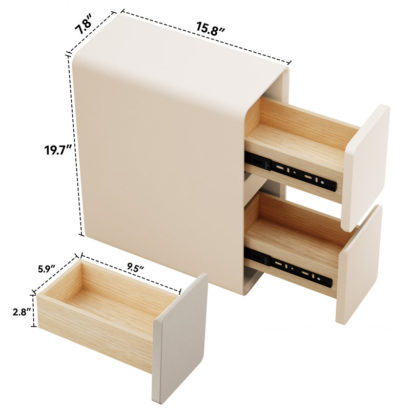 7.8" Wide Fully-Assembled Faux Leather Narrow Nightstand, White