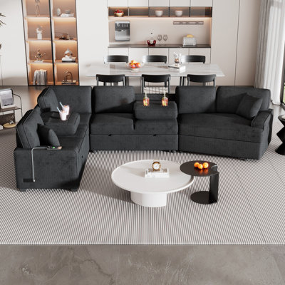 126" L-Shaped Sofa Sectional Sofa Couch Pull-Out Sofa Bed With Charging Devices And Cup Holders For Living Room by Latitude Run