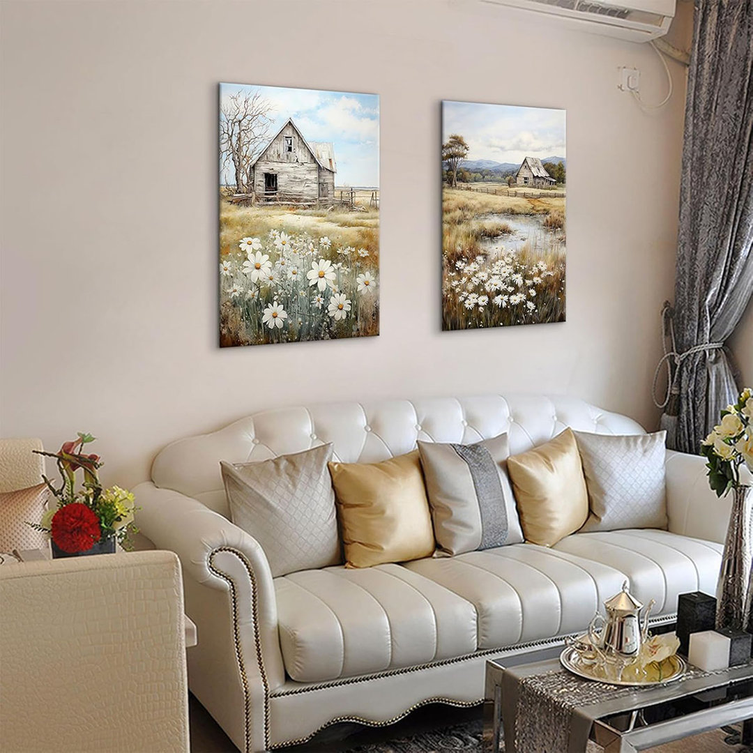 2Pcs Farmhouse Wall Art Old Barn Wall Decor Vintage Country Farm Wall Decor Retro Wildflower Meadow Poster Print Country Nature Scenery Canvas Picture