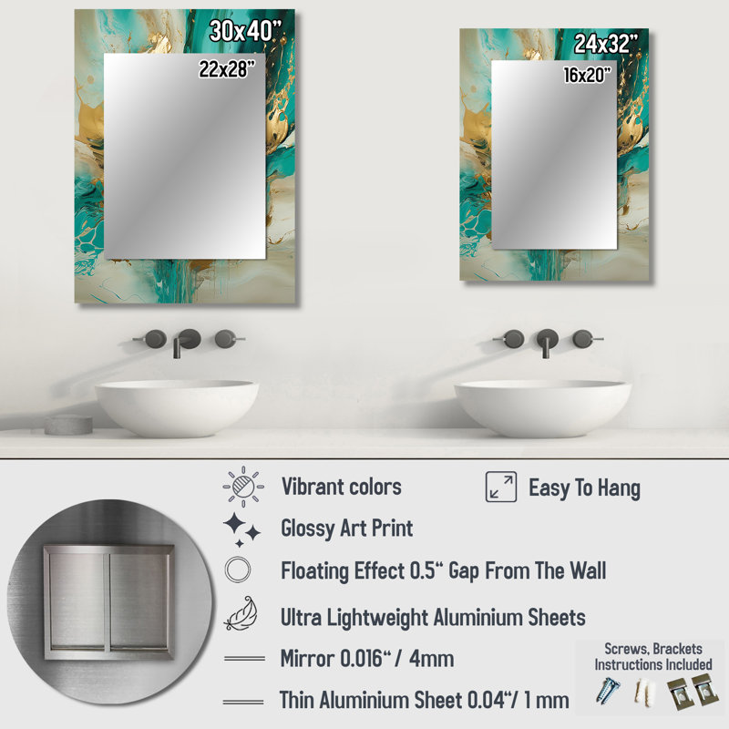Gold And Green Unveiling The Energy IV - Geometric Decorative Mirror, Gold Wall Mirror, Printed Metal Art, 40" x 30"