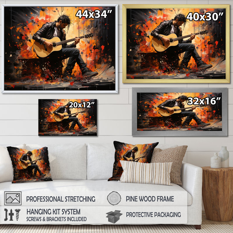 " Orange Black Music Melodic Strings ", 12" H x 20" W x 1" D, Gold Floater Framed