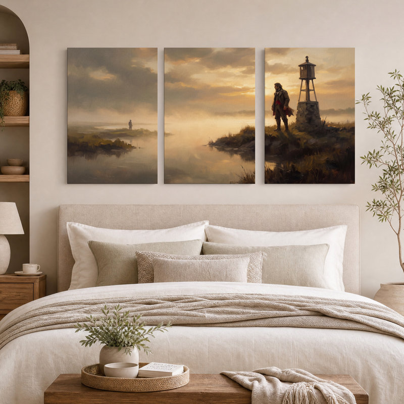 Paysage brumeux au coucher du soleil avec tour en bois et homme - Ensemble de 3 toiles murales, 30"H x 20"W x 3pcs