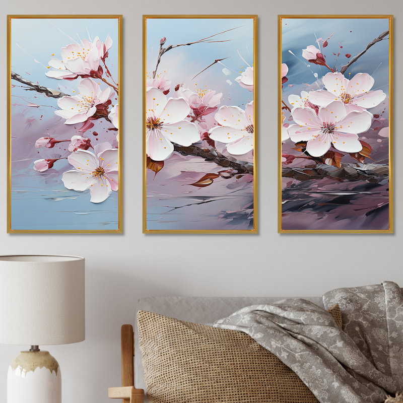 Cherry Blossom Flower Meadow I - Ensemble d'art mural sur toile Flower Field, Cadre flottant doré, H 28 po x l 36 po x P 1 po