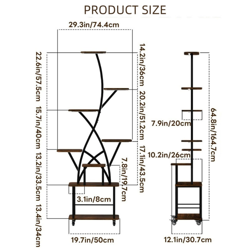 Support pour plante d'intérieur moderne à 8 niveaux de 64 po - Lumière de croissance intégrée, structure en métal et en bois aggloméré, noyer et noir (tablettes réglables pour le balcon / le salon)?