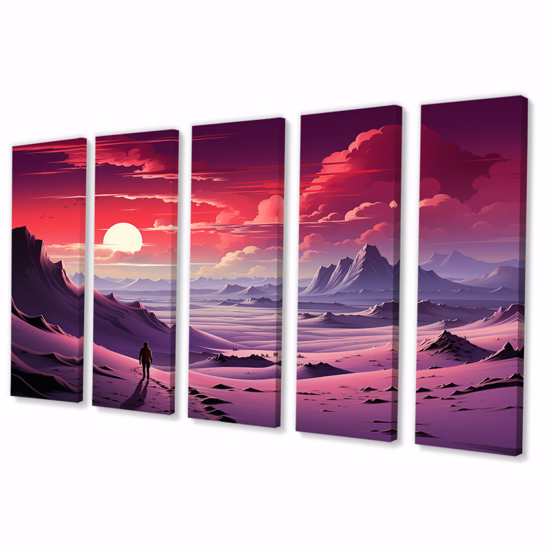 "Mauve et rose", homme perdu dans le désert II - décorations spatiales 5 pièces, H 32 po x l 80 po