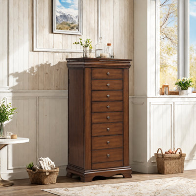 Armoire à bijoux autoportante avec miroir, 8 tiroirs, crochets latéraux pour colliers et rangement doublé de velours, brun noyer