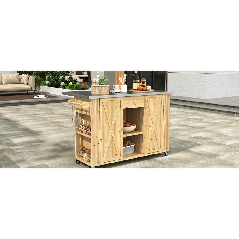 Practical Outdoor Kitchen Hub - Fir Wood Build, Stainless Steel Foldable Top, Storage Options, Towel & Spice , Bottle Opener, Transportable With Lockable Wheels Island Wood, Counter, Abundant