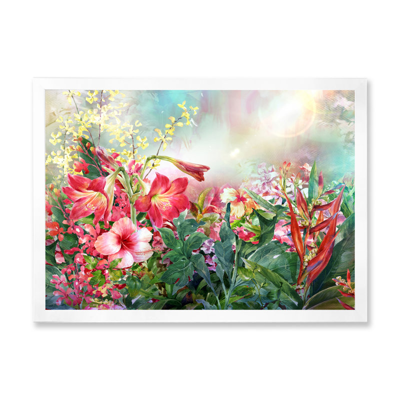 " Multicolor Spring Flowers Impression " Painting Print, White Picture Framed, 16'' H x 32'' W x 1'' D