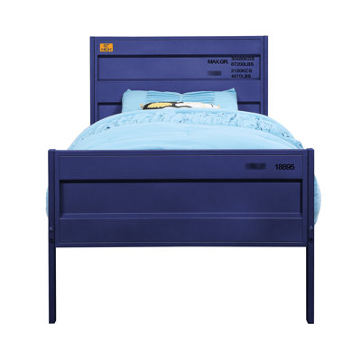 Lit simple à structure bleue en métal avec design contemporain et plateforme de confort pour chambre à coucher