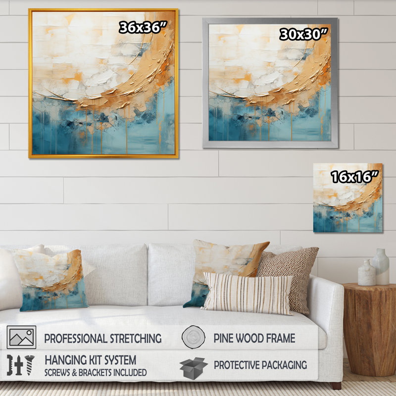 Peinture dorée et bleue Fusion I - peinture abstraite, art mural, Cadre doré simple, H 16 po x l 16 po x P 1 po