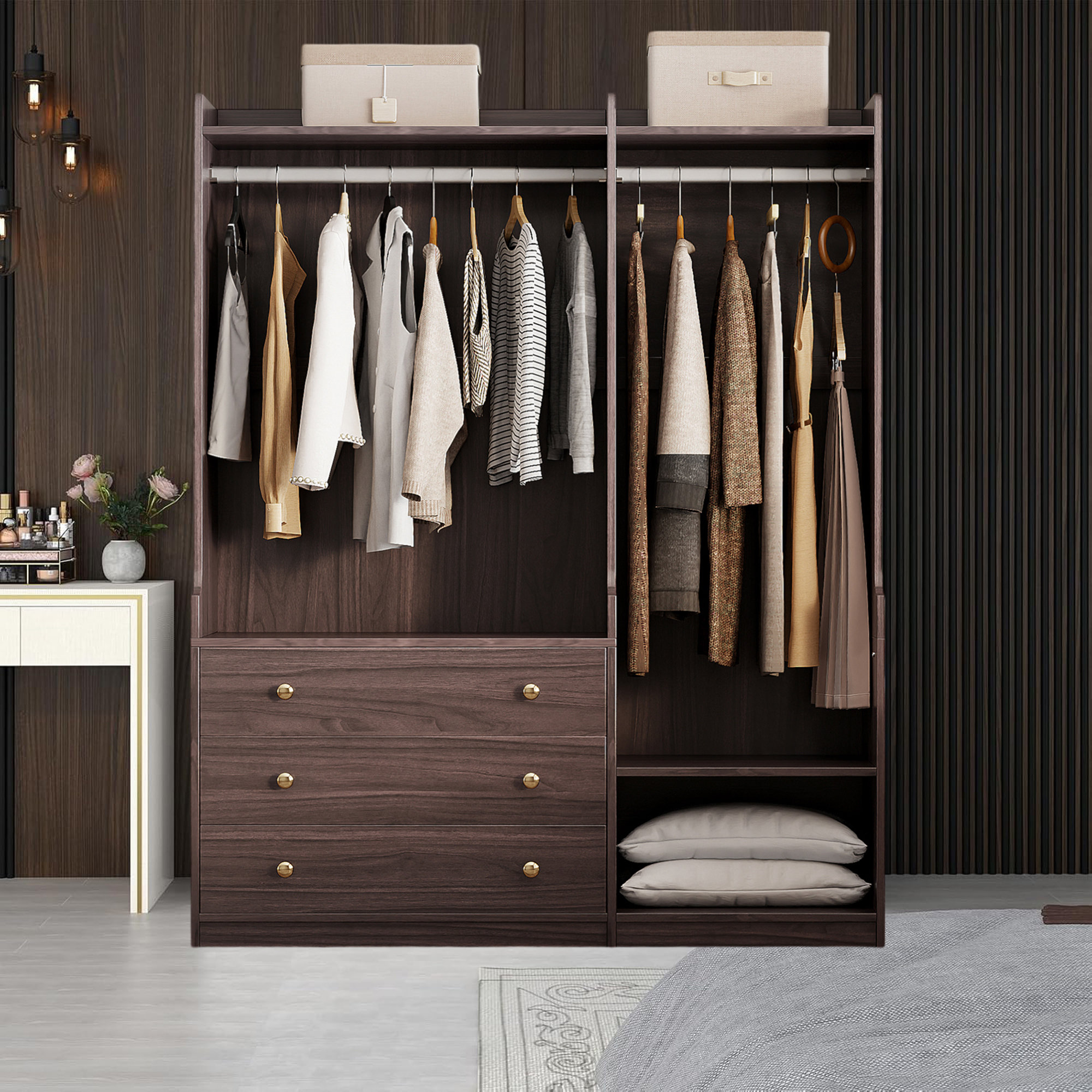 Latitude Run® Open Wooden Wardrobe Storage With Two Robust Hanging Rods ...