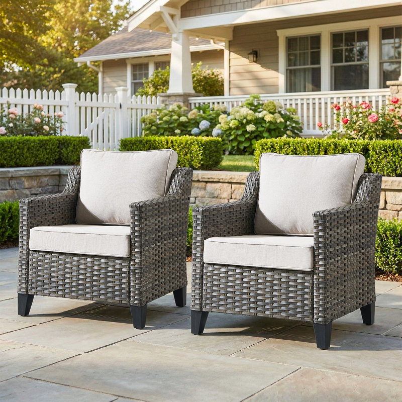 Wicker Outdoor Lounge Chair, All-Weather Wicker Armchair With 4 Inch Cushions For Patio Or Backyard Porch (2-Pack), Beige