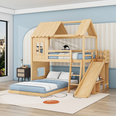 Enchanted Twin over Full House Bunk Bed with Slide, Ladder, Wardrobe and Storage Shelves