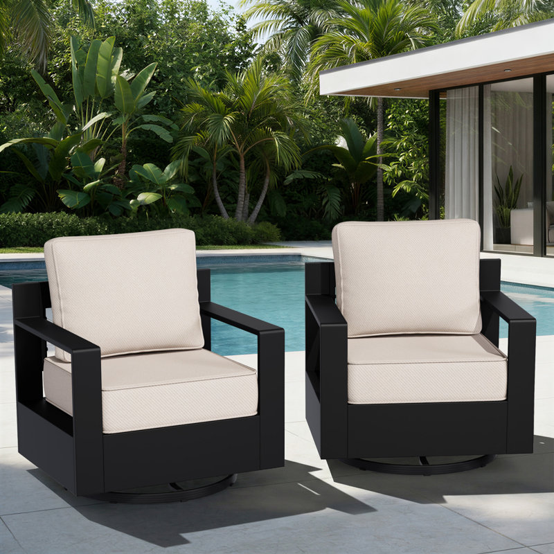 Oneita Modern Outdoor Aluminum 2-piece Swivel Armchair Set with Durable All-weather 6 Inch Thick Beige Cushions, Beige