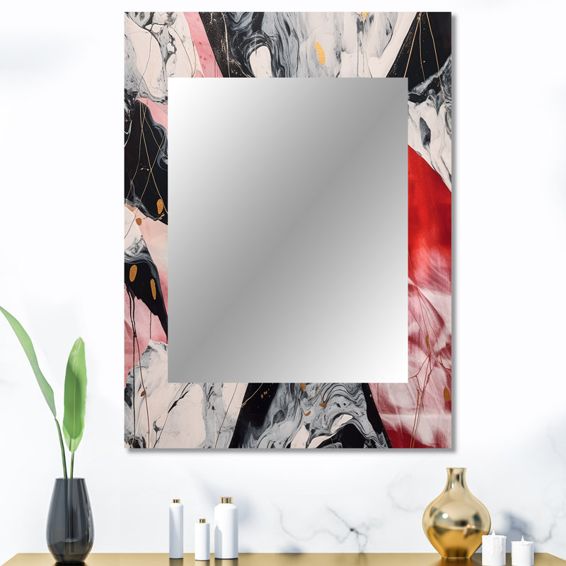 Red and Black Marble Whispers II - miroir en marbre, miroir mural décoratif rouge, impression d'art en métal, 40 po x 30 po