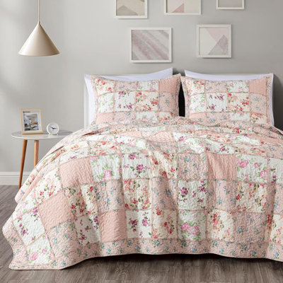 Pre-Washed Cotton Floral Ruffled Patchwork Quilt Set