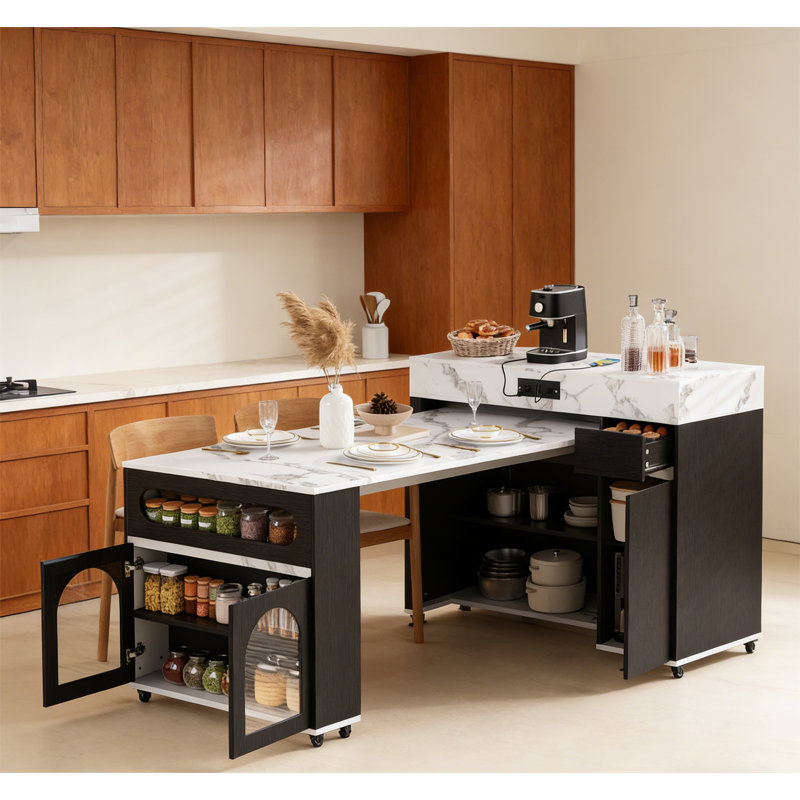 Extendable Kitchen Island with Extra-Long Folding Top, White