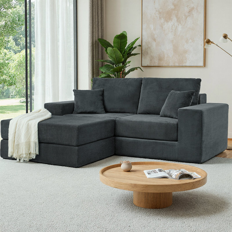 Canapé Boneless en forme de L avec repose-pieds amovible, siège profond et coussins décoratifs, Velours côtelé gris