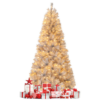 Artificial Christmas Tree Pre-lit Xmas Tree w/ Branch Tips LED Lights Silver Tinsel Leaves
