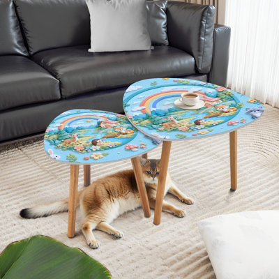 Triangle Nesting Coffee Table Set of 2 Whimsical Rainbow Forest Landscape Cute Woodland Animals Pastel End Table Modern Minimalist Side Table Set for Living Room Bedroom