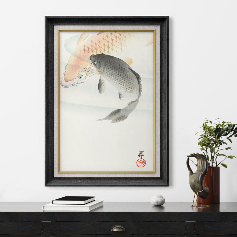 Élégante œuvre d'art minimaliste de poissons koi, H 36 po x l 26 po x P 1,5 po, Black Premium Frame