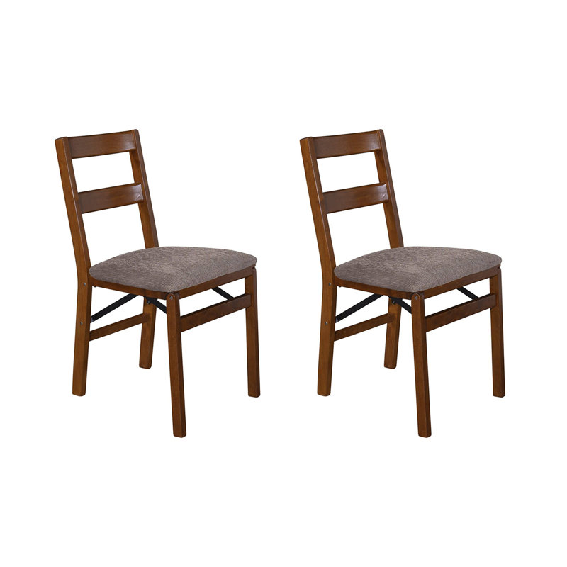 Brown Wood and Metal Upholstered Slat Back Folding Chairs, Set of 2