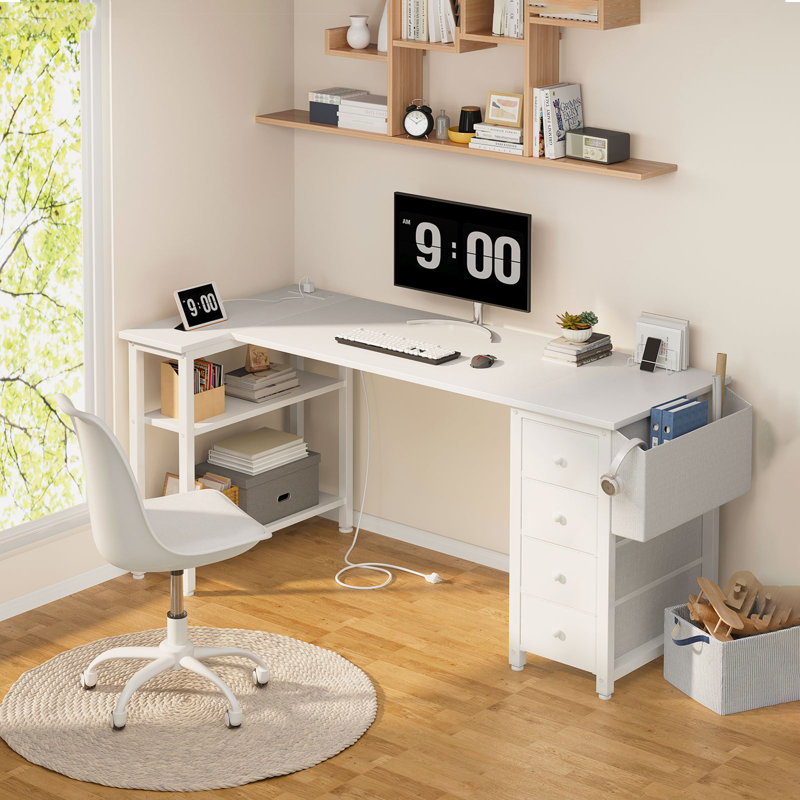 Bureau d'ordinateur en L avec tiroirs et tablettes de rangement Cheshire Outlets, H 29,5 po x l 63 po x P 26,8 po, Blanc