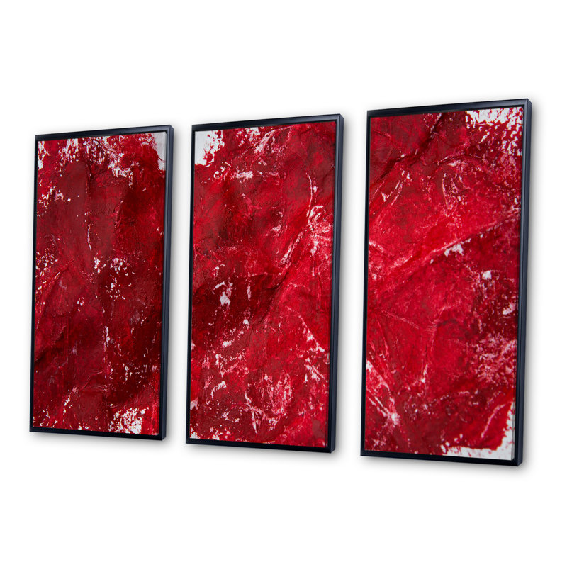 Texture abstraite rouge - peinture sur toile flottante 3 pièces, Cadre noir, H 28 po x l 36 po x P 1 po