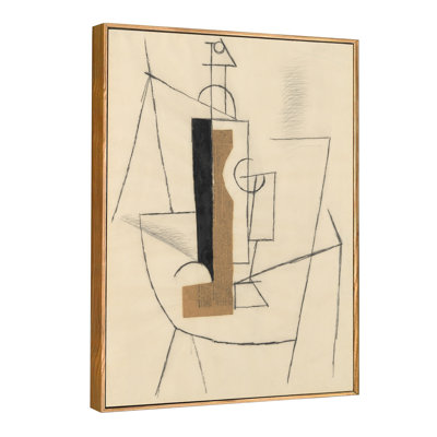 Framed Canvas Giclee Print Art Bottle and Wine Glass on a Table by Pablo Picasso Wall Art Living Room Home Office Decorations(Wood Colour Slim Frame,24"x32")