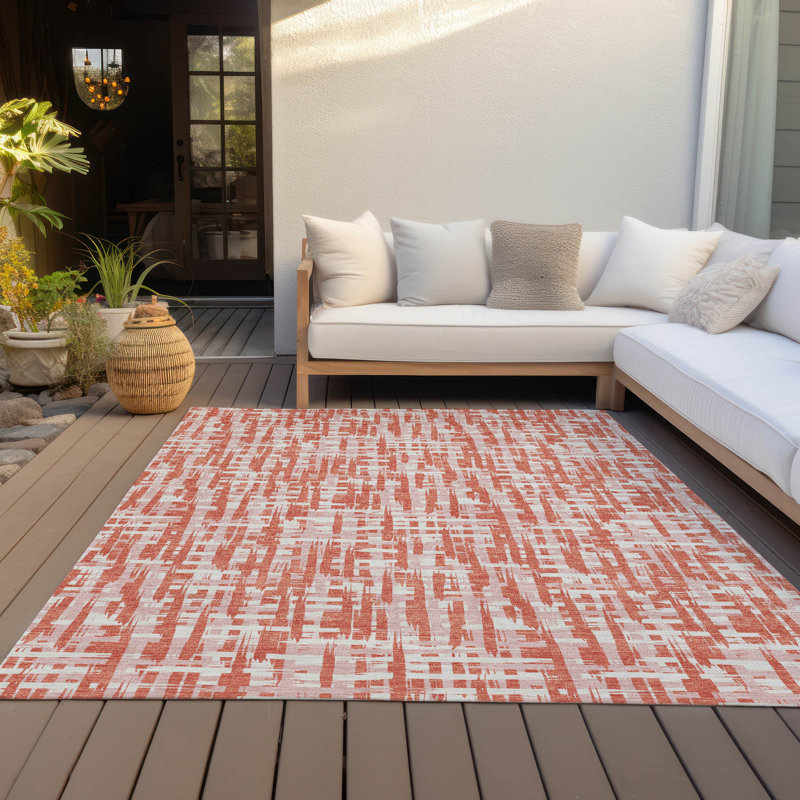 Coral and White Synthetic Washable Rectangular Rug